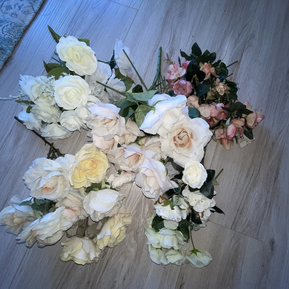 Large Lot Cream White Pink Yellow Roses Silk Flowers Bridal Prom‎ Wedding Crafts